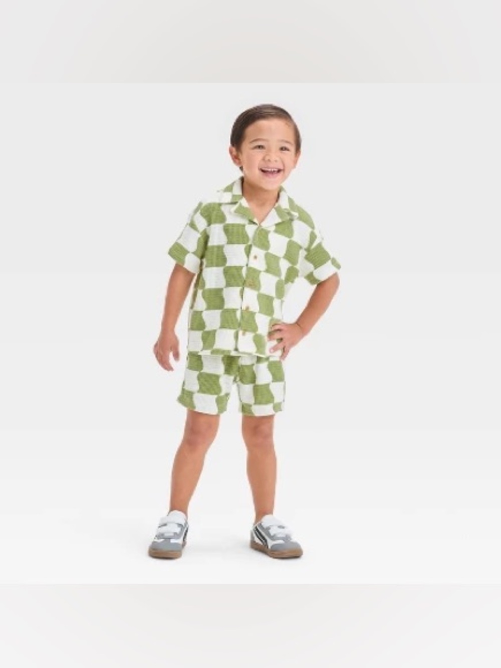 GRAYSON MINI Toddler Boy Wavy Checked Printed Thermal Knit Shirt and Short Set